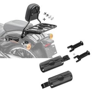 Set: Sissybar für Harley Fat Boy / 114 18-21 R1 mit Gepäckträger und Docking schwarz Craftride + Sozius Fussrasten mit Halter für Harley Softail 18-21 Craftride SF6 schwarz_1