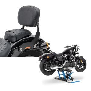 Set: Sissy Bar für Harley Fat Bob 10-17 schwarz CXS Craftride + Hebebühne Harley Davidson Dyna Fat Bob Motorradheber ConStands Mid-Lift L in blau_1