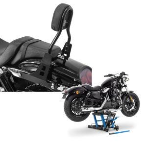 Set: Sissybar Harley Davidson Dyna Fat Bob 10-17 Craftride Fast Driver-M schwarz + Hebebühne Harley Davidson Dyna Fat Bob Motorradheber ConStands Mid-Lift L in blau_1