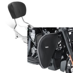 Set: Sissybar Harley Road King 09-21 Craftride Fast Driver-M chrom + Sturzbügel Spritzschutz für Harley Road King 94-21 Beinwärmer Craftride_1
