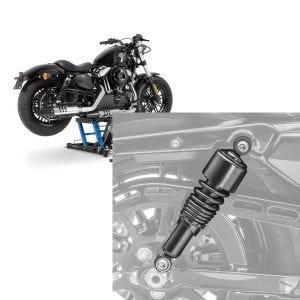 Set: Hebebühne Harley Davidson Sportster 883 Iron Motorradheber ConStands Mid-Lift L in blau + Stoßdämpfer 10,5 Zoll Harley Sportster 883 Iron 09-20 Federbeine von Craftride schwarz_1