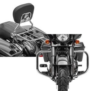 Set: Sissybar Harley Street Glide 09-21 Craftride Fast Driver-L Flex inkl. Gepäckträger chrom + Sturzbügel für Harley Davidson Street Glide 09-21 Craftride TR2 chrom_1