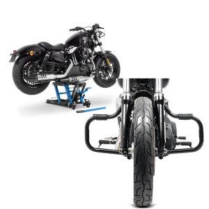 Set: Hebebühne Harley Davidson Dyna Fat Bob Motorradheber ConStands Mid-Lift L in blau + Sturzbügel für Harley Davidson Dyna Fat Bob 08-17 Craftride Mustache schwarz_1