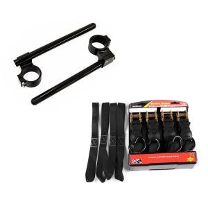 Set: Stummellenker 22mm Clip-On 43mm mit 30mm Erhöhung Lenker Zaddox Alu in schwarz + Motorrad Spanngurt Set ConStands mit Ratsche und Haken inkl 4x Zurrschlaufe in schwarz_1