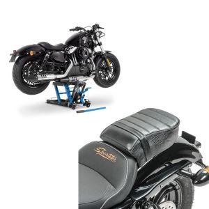 Set: Hebebühne Harley Davidson Sportster 883 Iron Motorradheber ConStands Mid-Lift L in blau + Sozius Sitz mit Polsterung für Harley Sportster Forty-Eight 48/ 883 Iron Craftride_1