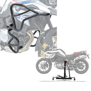 Set: Sturzbügel XL Set passend für BMW F 850 GS / F 750 GS 18-23 oben und unten Schutzbügel + Zentralständer BMW F 750 GS 18-23 grau Motorradheber ConStands Power-Evo