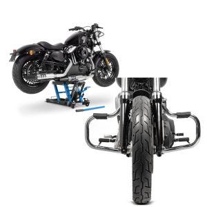 Set: Hebebühne Harley Davidson Dyna Fat Bob Motorradheber ConStands Mid-Lift L in blau + Sturzbügel für Harley Davidson Dyna Fat Bob 08-17 Craftride Mustache chrom_1