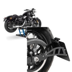 Set: Hebebühne Harley Davidson Dyna Fat Bob Motorradheber ConStands Mid-Lift L in blau + Seitlicher Kennzeichenhalter für Harley Davidson Dyna Fat Bob 08-17 Craftride schwarz_1