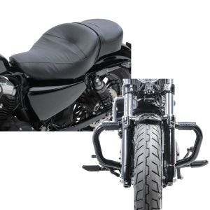 Set: Doppel Sitzbank für Harley Davidson Sportster 1200 Custom 04-20 CM Sitz Craftride + Sturzbügel Mustache II für Harley Davidson Sportster 1200 Custom 04-20 Schutzbügel schwarz Craftride_1