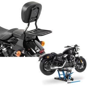 Set: Sissybar Harley Sportster 883 Iron (XL 883 N) 09-20 Craftride Fast Driver-S inkl. Gepäckträger schwarz + Hebebühne Harley Davidson Sportster 883 Iron Motorradheber ConStands Mid-Lift L in blau_1