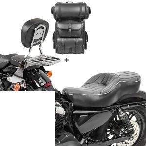 Set: Sissybar SB1 + Hecktasche LX für Harley Sportster 1200 Custom 04-20 abnehmbar mit Gepäckträger Craftride chrom + Doppel Sitzbank für Harley Sportster 1200 Custom 04-20 VM2 Sitz Craftride_1