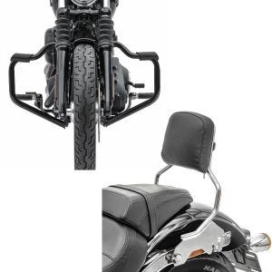 Set: Sturzbügel Mustache für Harley Davidson Softail 18-21 Schutzbügel 32mm schwarz Craftride + Sissybar für Harley Davidson Sport Glide 18-21 Abnehmbar R1 chrom Craftride_1