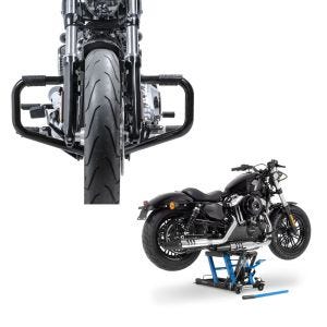 Set: Sturzbügel Mustache II für Harley Dyna Fat Bob 28-17 schwarz + Hebebühne Harley Davidson Dyna Fat Bob Motorradheber ConStands Mid-Lift L in blau_1
