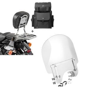 Set: Sissybar SB1 + Hecktasche für Harley Sportster 1200 Custom 04-20 abnehmbar mit Gepäckträger Craftride chrom + Windschild für Harley-Davidson Sportster 1200 Custom 96-18 Craftride_1