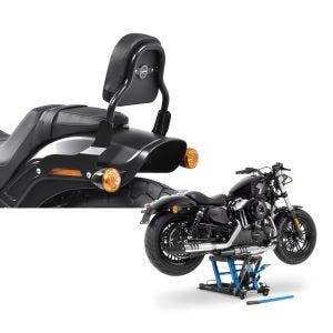 Set: Sissy Bar CSS Fix für Harley Fat Bob / 114 18-21 schwarz Craftride + Hebebühne Harley Davidson Softail Fat Bob / 114 Motorradheber ConStands Mid-Lift L in blau_1