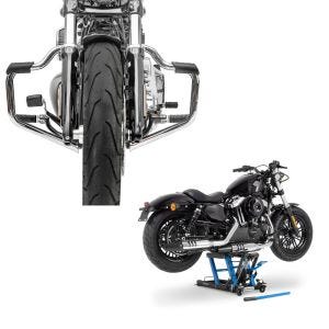 Set: Sturzbügel Mustache für Harley Davidson Softail 18-21 Schutzbügel 32mm chrome Craftride + Hebebühne Harley Davidson Softail Fat Bob / 114 Motorradheber ConStands Mid-Lift L in blau_1