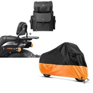 Set: Sissy Bar CSS Fix + Hecktasche XL für Harley Fat Bob / 114 18-21 mit Gepäckträger schwarz Craftride + Abdeckplane Harley Softail Street Bob / Fat Bob / 114 Craftride XXL in schwarz-orange_1