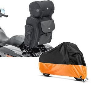 Set: Sissybar Tasche für Harley Softail Fat Bob / 114 Hecktasche Craftride SXL mit Gepäckrolle + Abdeckplane Harley Softail Street Bob / Fat Bob / 114 Craftride XXL in schwarz-orange_1