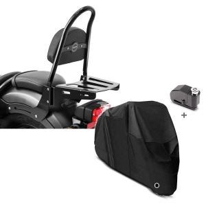 Set: Sissybar für Honda Rebel 500 17-21 Craftride Fast Rider-M inkl. Gepäckträger schwarz + Abdeckplane + Alarm Bremsscheibenschloss für Honda Rebel 500 Tourtecs_1