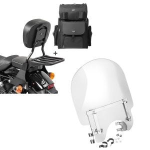 Set: Sissybar SB1 + Hecktasche für Harley Sportster 1200 Custom 04-20 abnehmbar mit Gepäckträger Craftride schwarz + Windschild für Harley-Davidson Sportster 1200 Custom 96-18 Craftride_1