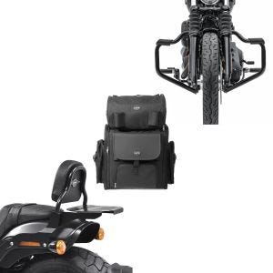 Set: Sissy Bar CSS Fix + Hecktasche XL für Harley Fat Bob / 114 18-21 mit Gepäckträger schwarz Craftride + Sturzbügel Mustache für Harley Davidson Softail 18-21 Schutzbügel 32mm schwarz Craftride_1