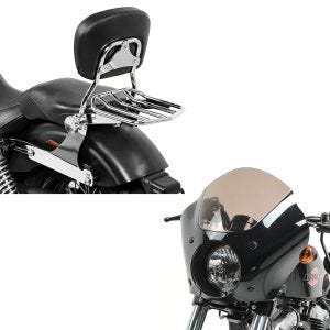 Set: Sissybar Harley Dyna Super Glide Custom 06-15 Craftride Fast Driver-M Flex inkl. Gepäckträger chrom + Verkleidung für Harley Dyna Super Glide Custom 06-15 Lampenmaske Craftride Gauntlet MG4_1