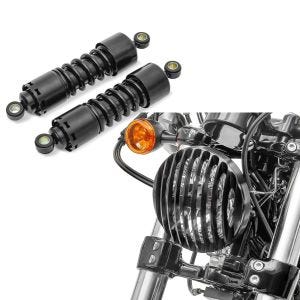 Set: Stoßdämpfer 11 Zoll Harley Sportster Forty-Eight 48 Federbeine von Craftride schwarz + Scheinwerfer Grill Harley Sportster Forty-Eight 48 10-20 schwarz von Craftride_1