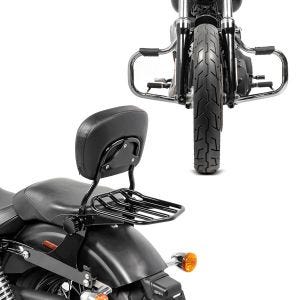 Set: Sissybar Harley Dyna Modelle 2006-2017 Craftride Fast Driver-M Flex inkl. Gepäckträger schwarz + Sturzbügel für Harley Davidson Dyna Super Glide Custom 06-15 Craftride Mustache chrom_1