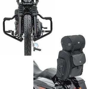 Set: Sturzbügel Mustache für Harley Davidson Softail 18-21 Schutzbügel 32mm schwarz Craftride + Sissybar Tasche für Harley Softail Fat Bob / 114 Hecktasche Craftride SXL mit Gepäckrolle_1