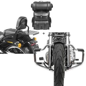 Set: Sissybar + Hecktasche LX für Harley Softail Low Rider / S 18-21 abnehmbar mit Gepäckträger Craftride CSS + Sturzbügel Mustache für Harley Davidson Softail 18-21 Schutzbügel 32mm chrome Craftride_1