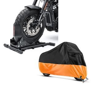 Set: Radwippe für Harley Softail Fat Bob / 114 Constands Easy Plus Vario einstellbar schwarz + Abdeckplane Harley Softail Street Bob / Fat Bob / 114 Craftride XXL in schwarz-orange_1