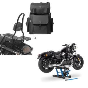 Set: Sissy Bar CSL Fix + Hecktasche XL für Harley Dyna Fat Bob 10-17 mit Gepäckträger schwarz Craftride + Hebebühne Harley Davidson Dyna Fat Bob Motorradheber ConStands Mid-Lift L in blau_1