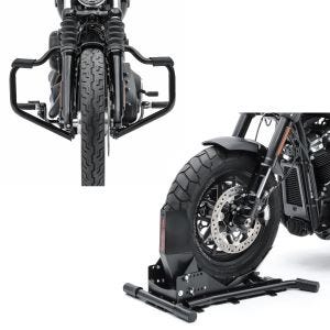 Set: Radwippe für Harley Softail Fat Bob / 114 Constands Easy Plus Vario einstellbar schwarz + Sturzbügel Mustache für Harley Davidson Softail 18-21 Schutzbügel 32mm schwarz Craftride_1