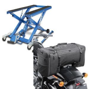Set: Hydraulische Hebebühne Yamaha XVS 1100 Drag Star ConStands Mid-Lift XL blau + Hecktasche für Yamaha XVS 1100 / 650 Drag Star SQ1 Craftride 52l schwarz_1