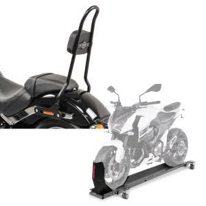 Set: Sissybar für Harley Softail Low Rider / S 18-21 Craftride SRL schwarz + Rangierschiene Harley Softail Low Rider / S ConStands Smart-Mover mit Wippe grau_1