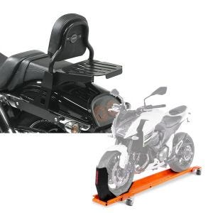 Set: Sissy Bar CSS Fix für Harley Dyna Fat Bob 10-17 mit Gepäckträger schwarz Craftride + Rangierschiene Harley Dyna Fat Bob ConStands Smart-Mover mit Wippe orange_1