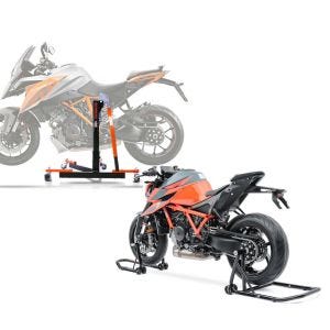 Set: Zentralständer KTM 1290 Super Duke GT 16-21 orange Motorradheber ConStands Power-Evo + Einarm Montageständer Set für KTM 1290 Super Duke GT 16-21 hinten vorne RB_1
