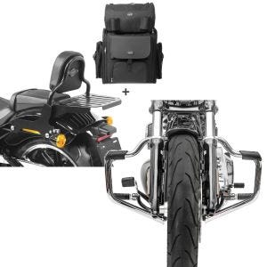 Set: Sissybar + Hecktasche für Harley Softail Low Rider / S 18-21 abnehmbar mit Gepäckträger Craftride CSS + Sturzbügel Mustache für Harley Davidson Softail 18-21 Schutzbügel 32mm chrome Craftride_1