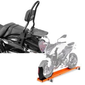 Set: Sissybar Harley Davidson Dyna Fat Bob 10-17 Craftride Fast Rider-M inkl. Gepäckträger schwarz + Rangierschiene Harley Dyna Fat Bob ConStands Smart-Mover mit Wippe orange_1