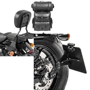 Set: Sissy Bar SB1 + sacoche arrière LX compatible avec chopper / custombikes 883 Iron 09-20 Craftride porte-bagages detachable noir + Support de plaque latérale compatible avec Harley Davidson Sportster 883 Iron 09-20 Craftride noir