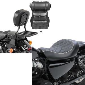 Set: Sissybar SB1 + Hecktasche LX für Harley Sportster 883 Iron 09-20 abnehmbar mit Gepäckträger Craftride schwarz + Solo Sitz für Harley Sportster 883 Iron 09-20 Craftride SR4 Sitzbank_1