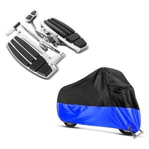 Set: Marche-Pieds compatible avec Honda Gold Wing GL 1800 01-16 / F6B / F6C repose pieds chrome Craftride + Housse moto Honda Gold Wing 1800 / 1500 / F6B Craftride XXXL noir-bleu