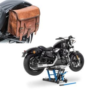 Set: Hebebühne Triumph Bonneville Bobber Motorradheber ConStands Mid-Lift L in blau + Satteltasche für Triumph Bonneville Bobber / Black Vintage Tasche Craftride SV1 braun_1
