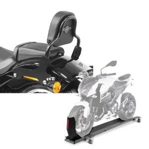 Set: Sissy Bar für Harley Davidson Softail Low Rider / S 18-21 schwarz CSS Craftride + Rangierschiene Harley Softail Low Rider / S ConStands Smart-Mover mit Wippe grau_1