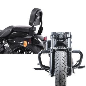 Set: Sissy Bar CSS Fix für Harley Davidson Sportster Forty-Eight 48 10-20 schwarz Craftride + Sturzbügel Mustache II für Harley Davidson Sportster Forty-Eight 48 10-20 Schutzbügel schwarz Craftride_1