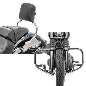 Set: Sissybar für Harley Davidson Sport Glide 18-21 Abnehmbar R1 chrom Craftride + Sturzbügel für Harley Davidson Softail 18-21 Motor-Schutzbügel HB4 chrom Craftride_1