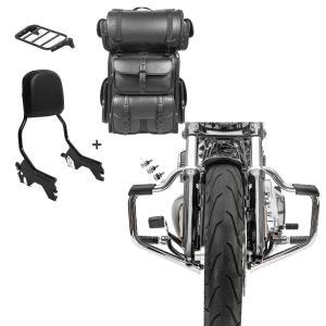 Set: Sissybar + Hecktasche LX für Harley Breakout / 114 18-20 R1 mit Gepäckträger schwarz Craftride + Sturzbügel Mustache für Harley Davidson Softail 18-21 Schutzbügel 32mm chrome Craftride_1