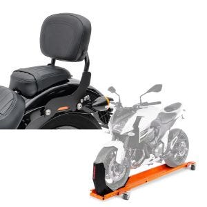 Set: Sissy Bar für Harley Fat Bob 10-17 schwarz CXS Craftride + Rangierschiene Harley Dyna Fat Bob ConStands Smart-Mover mit Wippe orange_1