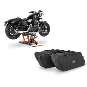Set: Hebebühne Harley Davidson Heritage Softail Classic / 114 ConStands Mid-Lift L in orange + Koffer Innentaschen für Harley Heritage Softail Classic / 114 BG1 Craftride Paar_1