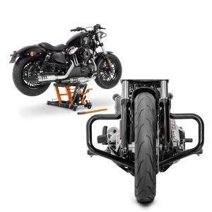 Set: Hebebühne Harley Davidson Softail Street Bob ConStands Mid-Lift L in orange + Motorrad Sturzbügel Craftride Mustache Harley Davidson Softail 18-21 in schwarz_1